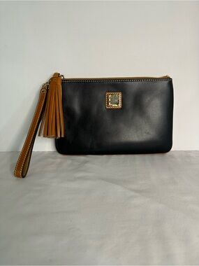 Dooney & Bourke Black Smooth Wexford Leather Carrington Wristlet with Tan Tassel